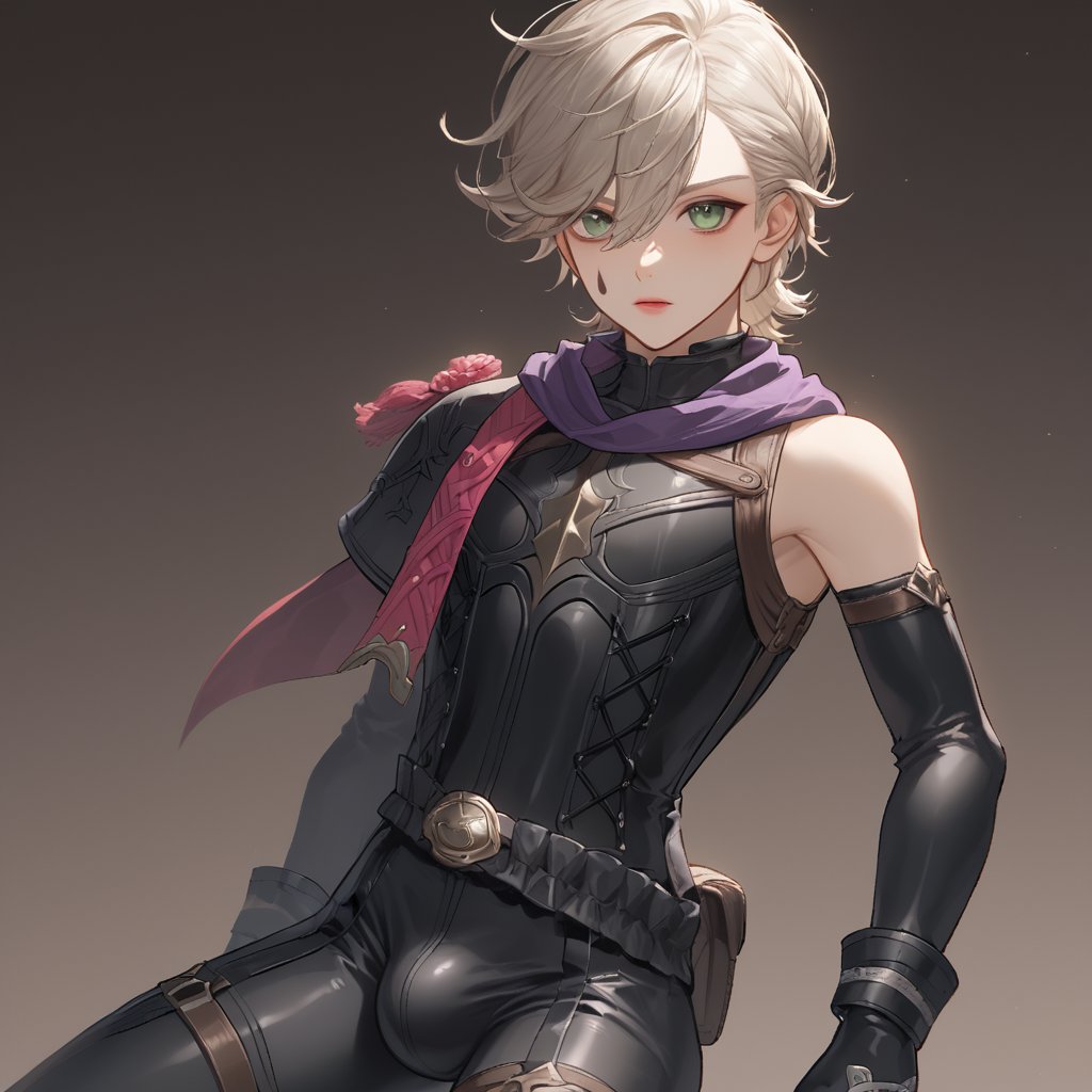 In a valley bathed in the warm glow of two setting suns on a distant planet, a young man with short grey hair and piercing green eyes, clad in a black bodysuit and rinoceros-shaped armor, dashes forth. His androgynous features are highlighted by high cheekbones and a subtle jawline as he grasps black globes containing a shotgun at the ready. The determined expression on his handsome face is set amidst mid-length hair blown back, revealing a glimpse of blonde locks beneath. Bulge-panted leather boots enhance his powerful yet agile appearance. Soft light lipstick adds a touch of sweetness to his sparkling green eyes, which seem to shine like the twin suns above.