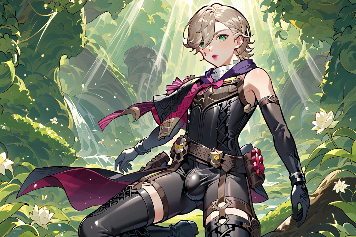 In a valley bathed in the warm glow of two setting suns on a distant planet, a young man with short grey hair and piercing green eyes, clad in a black bodysuit and rinoceros-shaped armor, dashes forth. His androgynous features are highlighted by high cheekbones and a subtle jawline as he grasps black globes containing a shotgun at the ready. The determined expression on his handsome face is set amidst mid-length hair blown back, revealing a glimpse of blonde locks beneath. Bulge-panted leather boots enhance his powerful yet agile appearance. Soft light lipstick adds a touch of sweetness to his sparkling green eyes, which seem to shine like the twin suns above.