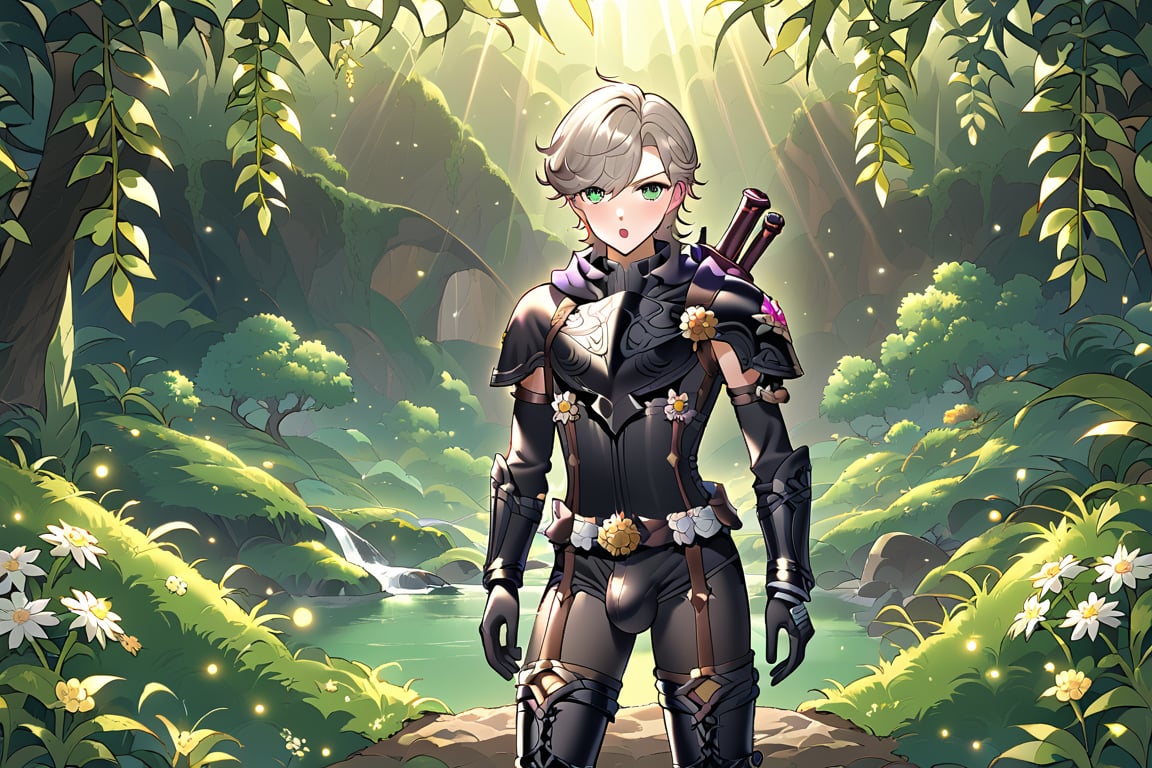 In a valley's warm twilight, two setting suns cast a golden glow on a distant planet. A young man with short grey hair and piercing green eyes dashes forth, clad in black bodysuit and rinoceros-shaped armor. His androgynous features stand out amidst mid-length blown-back hair, revealing blonde locks beneath. He grasps black globes containing a shotgun at the ready, his determined expression set against the backdrop of soft, high-angled lighting and the valley's lush landscape. Bulge-panted leather boots accentuate his powerful yet agile physique as he moves with purpose, his sparkling green eyes shining like the twin suns above, subtly enhanced by soft light lipstick.