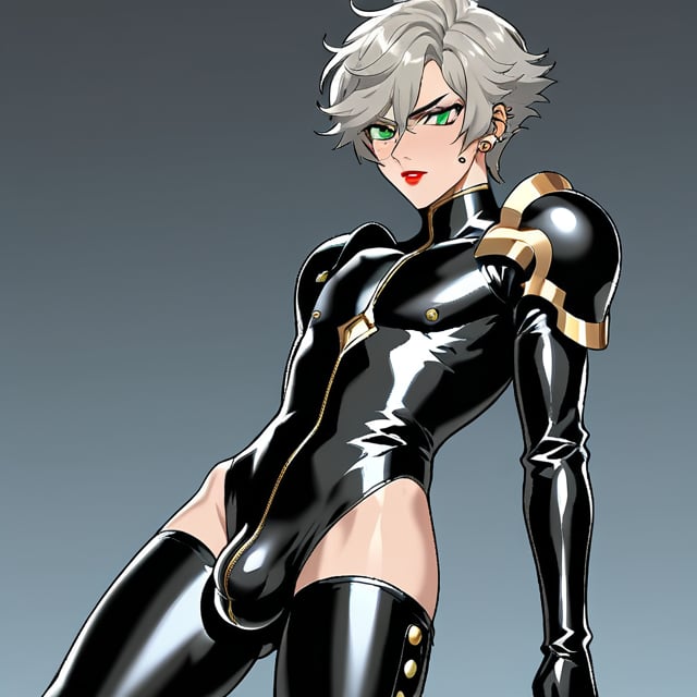 In a distant two-suns planet's alien valley, a young man with short grey hair and piercing green eyes, donning a rinoceros-shaped armor and black bodysuit, dashes forth. His androgynous features are accentuated by high cheekbones and a subtle jawline. He grasps black globes that hold a shotgun at the ready, his handsome face set in a determined expression. Mid-length hair blows back as he runs, revealing a glimpse of blonde locks beneath. Bulge-panted leather boots make him look both powerful and agile. Light lipstick adds a touch of sweetness to his pretty eyes, which seem to sparkle like the twin suns above.