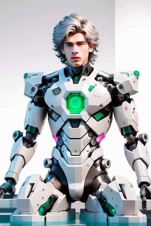 young android boy, androgynous, slightly surprice expression, emerald eyes, steel-grey hair color, discrete pink nose lips and knees, his body being assembled in a laboratory with white walls or domed shapes, the pieces of his mechanical and white-skinned organic body come out through mechanical arms from a pool of liquid under his body, epic style,Sci Fi,(MkmCut),cute blond boy,Mecha body