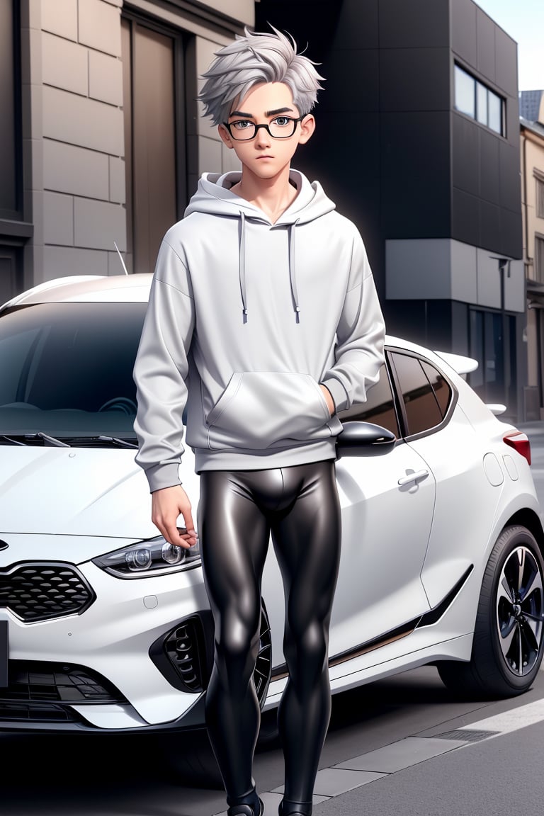 young androgynous boy in black thights lycra leggings and shirt dressed with open light grey hoodie and socks, pale skin, drop frame eyeglasses, hair cut is short youthful in layers for volume and long top strands towards the forehead, bicolor loafers, walking in a street with his laptop bag and a kia k3 red color car parked behind him,3d pixar style,Car