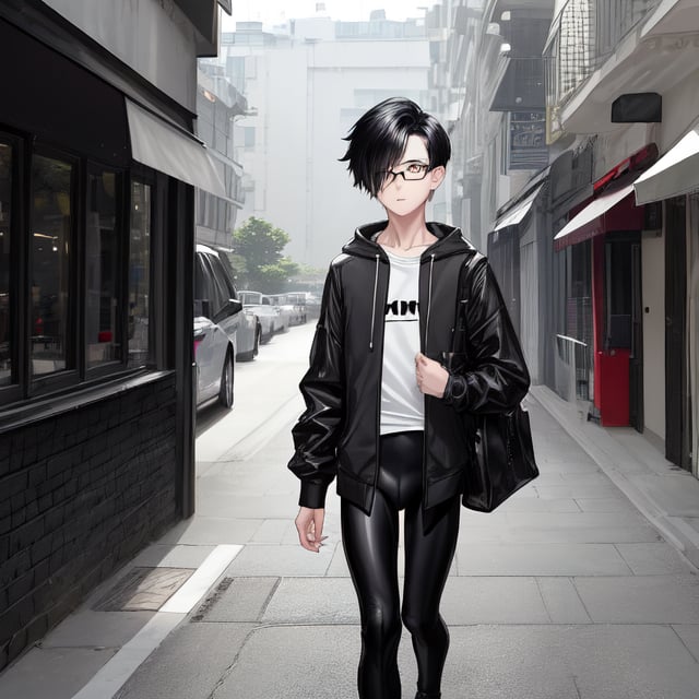 young androgynous boy in black lycra leggings and shirt dressed with open light grey hoodie and socks, pale skin, drop frame eyeglasses, hair cut is short youthful in layers for volume and long top strands towards the forehead, bicolor loafers, walking in a street with his laptop bag and a kia k3 red color car parked behind him,3d pixar style,