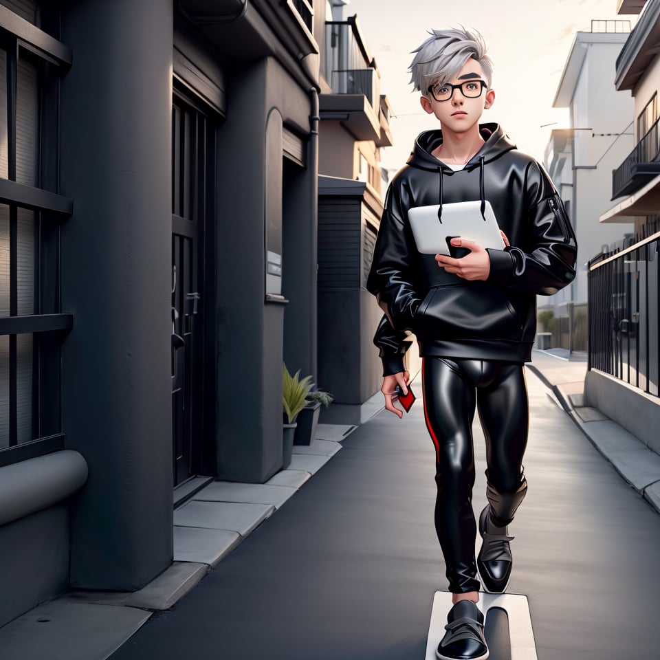 young androgynous boy in black thights lycra leggings and shirt dressed with open light grey hoodie and socks, pale skin, drop frame eyeglasses, hair cut is short youthful in layers for volume and long top strands towards the forehead, bicolor loafers, walking in a street with his laptop bag and a kia k3 red color car parked behind him,3d pixar style,Car,penis penetration,1Car