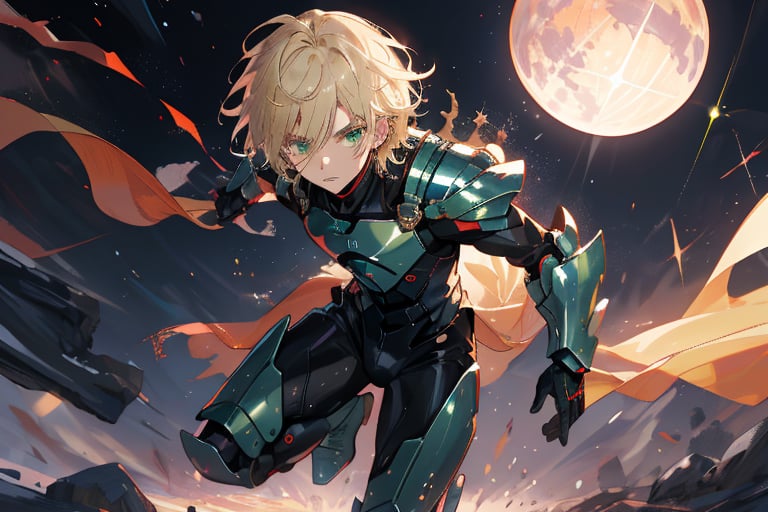 In a distant two-suns planet's alien valley, a young man with short grey hair and piercing green eyes, donning a rinoceros-shaped armor and black bodysuit, dashes forth. His androgynous features are accentuated by high cheekbones and a subtle jawline. He grasps black globes that hold a shotgun at the ready, his handsome face set in a determined expression. Mid-length hair blows back as he runs, revealing a glimpse of blonde locks beneath. Bulge-panted leather boots make him look both powerful and agile. Light lipstick adds a touch of sweetness to his pretty eyes, which seem to sparkle like the twin suns above.