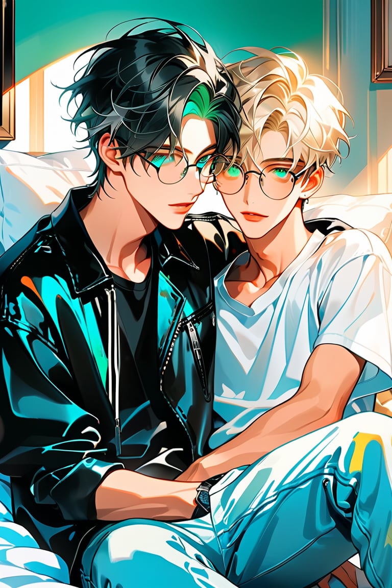 In a warmly lit bedroom, reminiscent of Ghilbi's whimsical world, three young male androgynous boyfriends snuggle together in a tender display of affection. Clad in black leather pants and matching shirts, their pale skin glows softly under the warm light. Short hair styled for volume frames youthful faces, with the gray-haired boyfriend's green eyes behind frame eyeglasses and his partner's black hair and heterochromia eyes standing out. Bicolor sneakers and backpacks complete their stylish ensembles. As they rest happily in bed, a blonde boy in a white outfit joins the snuggle party, adding to the warm and cozy atmosphere.