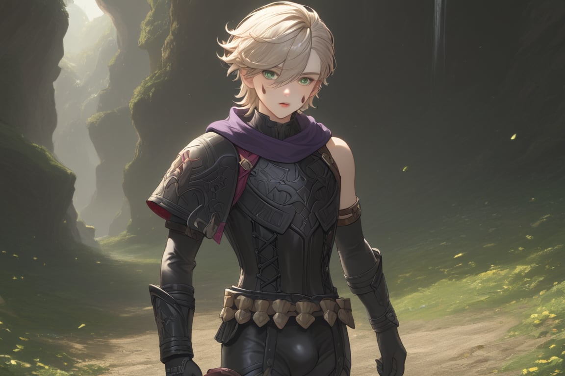 In a valley bathed in the warm glow of two setting suns on a distant planet, a young man with short grey hair and piercing green eyes, clad in a black bodysuit and rinoceros-shaped armor, dashes forth. His androgynous features are highlighted by high cheekbones and a subtle jawline as he grasps black globes containing a shotgun at the ready. The determined expression on his handsome face is set amidst mid-length hair blown back, revealing a glimpse of blonde locks beneath. Bulge-panted leather boots enhance his powerful yet agile appearance. Soft light lipstick adds a touch of sweetness to his sparkling green eyes, which seem to shine like the twin suns above.