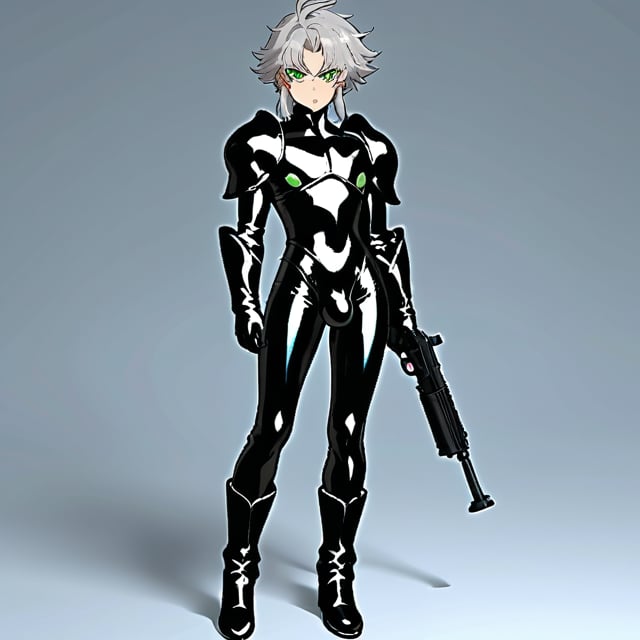 In a distant two-suns planet's alien valley, a young man with short grey hair and piercing green eyes, donning a rinoceros-shaped armor and black bodysuit, dashes forth. His androgynous features are accentuated by high cheekbones and a subtle jawline. He grasps black globes that hold a shotgun at the ready, his handsome face set in a determined expression. Mid-length hair blows back as he runs, revealing a glimpse of blonde locks beneath. Bulge-panted leather boots make him look both powerful and agile. Light lipstick adds a touch of sweetness to his pretty eyes, which seem to sparkle like the twin suns above.