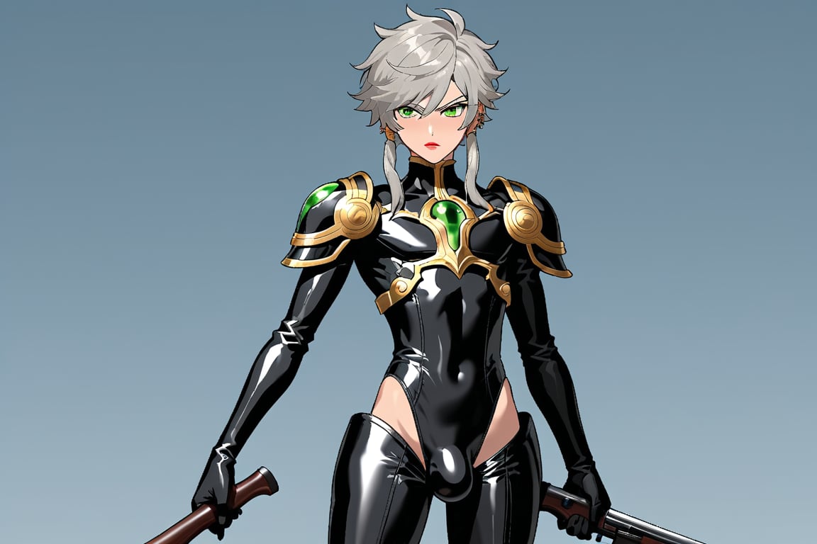 In a distant two-suns planet's alien valley, a young man with short grey hair and piercing green eyes, donning a rinoceros-shaped armor and black bodysuit, dashes forth. His androgynous features are accentuated by high cheekbones and a subtle jawline. He grasps black globes that hold a shotgun at the ready, his handsome face set in a determined expression. Mid-length hair blows back as he runs, revealing a glimpse of blonde locks beneath. Bulge-panted leather boots make him look both powerful and agile. Light lipstick adds a touch of sweetness to his pretty eyes, which seem to sparkle like the twin suns above.