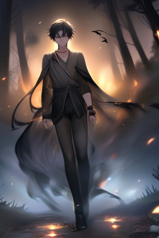 night, forest, cute boy figure, a slender and androgynous soft body young boy dressed with tight hot pants silk and shiny ancient outfit mystical formed from burning ashes, crows surround the scene at 3:00 am of the night,Her slender figure floats quickly along a forest path, leaving a trail of incandescent ashes, epic manga dark style, manga drawing, manga semi-realistic, anime, manga style, beautiful boy, handsome boy,  slender boy, body soft boy, anime boy, manga boy, tight outfit boy. black silk, semi-transparent,hight tights, dark ambient, night epic,earrings necklaces and ankle bracelets,