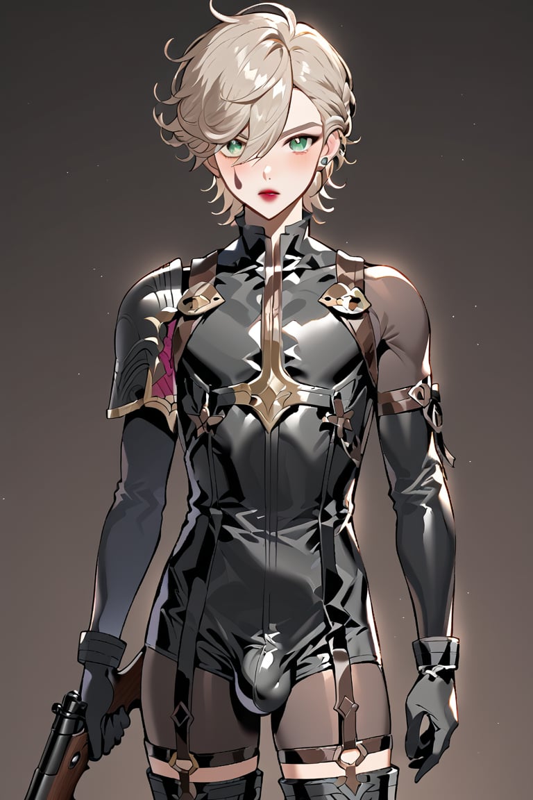 In a valley bathed in the warm glow of two setting suns on a distant planet, a young man with short grey hair and piercing green eyes, clad in a black bodysuit and rinoceros-shaped armor, dashes forth. His androgynous features are highlighted by high cheekbones and a subtle jawline as he grasps black globes containing a shotgun at the ready. The determined expression on his handsome face is set amidst mid-length hair blown back, revealing a glimpse of blonde locks beneath. Bulge-panted leather boots enhance his powerful yet agile appearance. Soft light lipstick adds a touch of sweetness to his sparkling green eyes, which seem to shine like the twin suns above.