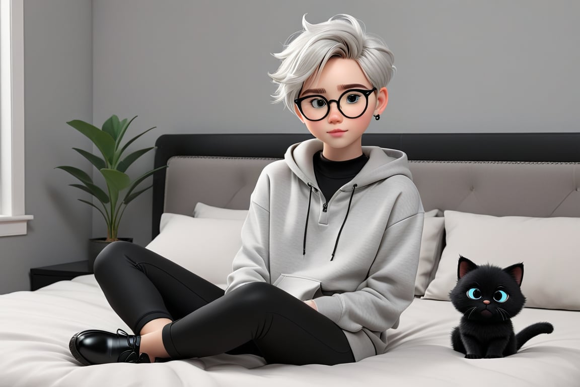 androgynous, young boy, with pale skin, Round eyeglasses, discreet masculine earrings, short hair color black, wearing a light gray hoodie and black tight lycra leggings, Loafers, 3d animated style, with his black furry cat They both rest comfortably on the bed in the modern-looking and decorated bedroom before work in the laptop,