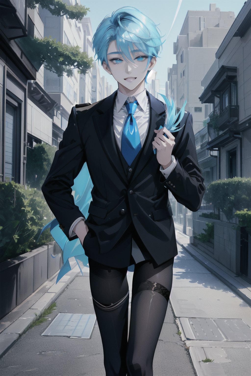 A shot framed to capture the joyous stride of an 18-year-old androgynous boy. cyan hair with white streak, His pale skin glistens in the soft afternoon light, as short steel gray hair frames his heartwarming smile. A crisp white shirt with a bold blue tie adds a touch of elegance, while black silk thigh-highs add a sense of edgy sophistication. The subject walks confidently down the middle of the street, surrounded by the hum of city life, yet lost in their own thoughts of happiness and freedom.,otoko_no_ko, pantyhose