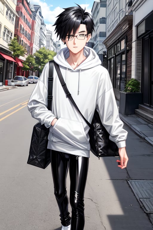 young androgynous boy in black lycra leggings and shirt dressed with open light grey hoodie and socks, pale skin, drop frame eyeglasses, hair cut is short youthful in layers for volume and long top strands towards the forehead, bicolor loafers, walking in a street with his laptop bag and a kia k3 red color car parked behind him,3d pixar style,