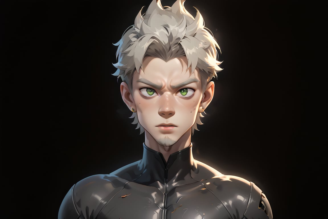 In a distant two-suns planet's alien valley, a young man with short grey hair and piercing green eyes, donning a rinoceros-shaped armor and black bodysuit, dashes forth. His androgynous features are accentuated by high cheekbones and a subtle jawline. He grasps black globes that hold a shotgun at the ready, his handsome face set in a determined expression. Mid-length hair blows back as he runs, revealing a glimpse of blonde locks beneath. Bulge-panted leather boots make him look both powerful and agile. Light lipstick adds a touch of sweetness to his pretty eyes, which seem to sparkle like the twin suns above.