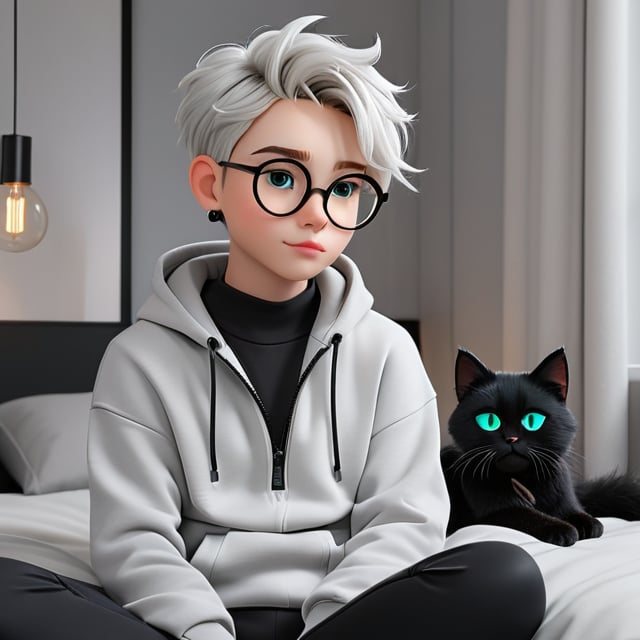 androgynous, young boy, with pale skin, Round eyeglasses, discreet masculine earrings, short hair color black, wearing a light gray hoodie and black lycra leggings, Loafers, 3d animated style, with his black furry cat They both rest comfortably on the bed in the modern-looking and decorated bedroom before work in the laptop,