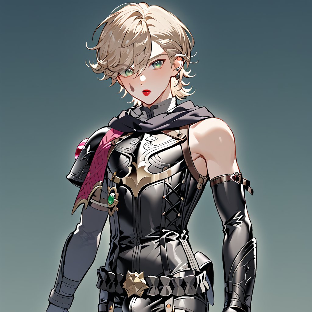 In a valley bathed in the warm glow of two setting suns on a distant planet, a young man with short grey hair and piercing green eyes, clad in a black bodysuit and rinoceros-shaped armor, dashes forth. His androgynous features are highlighted by high cheekbones and a subtle jawline as he grasps black globes containing a shotgun at the ready. The determined expression on his handsome face is set amidst mid-length hair blown back, revealing a glimpse of blonde locks beneath. Bulge-panted leather boots enhance his powerful yet agile appearance. Soft light lipstick adds a touch of sweetness to his sparkling green eyes, which seem to shine like the twin suns above.