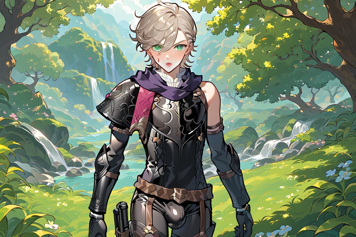 In a valley bathed in the warm glow of two setting suns on a distant planet, a young man with short grey hair and piercing green eyes, clad in a black bodysuit and rinoceros-shaped armor, dashes forth. His androgynous features are highlighted by high cheekbones and a subtle jawline as he grasps black globes containing a shotgun at the ready. The determined expression on his handsome face is set amidst mid-length hair blown back, revealing a glimpse of blonde locks beneath. Bulge-panted leather boots enhance his powerful yet agile appearance. Soft light lipstick adds a touch of sweetness to his sparkling green eyes, which seem to shine like the twin suns above.