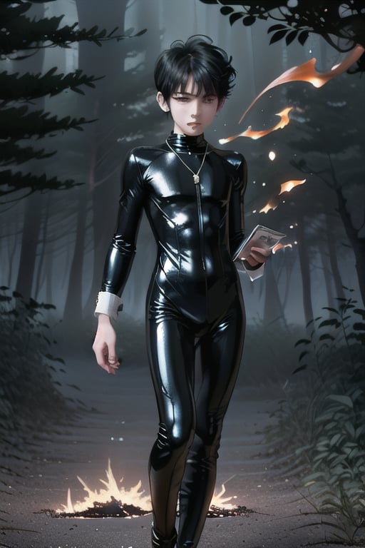 night, tight dress, metalic necklaces and ankle bracelets, dress, mannered cute boy soft and ghostly figure, pale androgynous soft body young boy dressed with tight bodysuit silk or lycra and shiny outfit mysticaly formed from burning ashes at night in forest, epic manga dark style, beautiful boy, handsome boy, slender boy, body soft boy, anime boy, manga boy, tight outfit boy. black silk, semi-transparent, translucid suit, hight tights, dark ambient, night epic