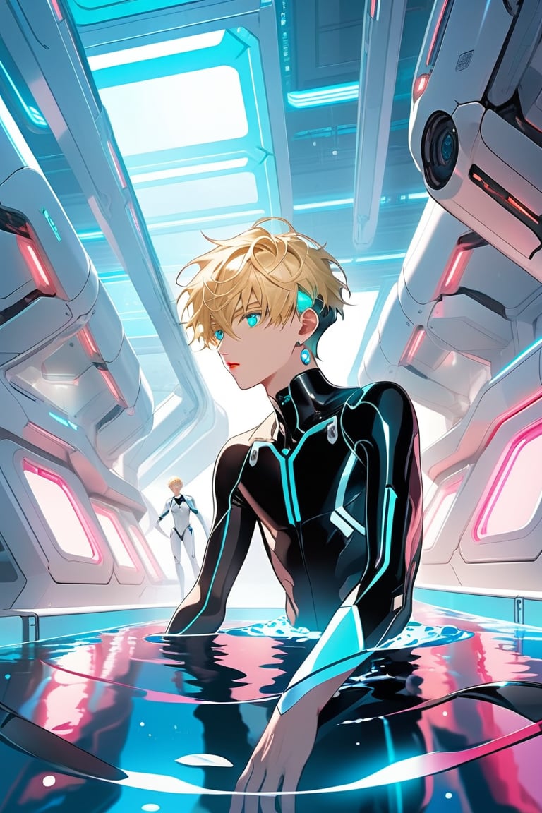 In Rebooting Life, a soft glow illuminates the futuristic laboratory setting, where vaulted white walls and a large pool of liquid converge to create a clinical atmosphere. An android boy, with piercing emerald eyes and delicate pink accents on his nose, lips, and knees, floats one meter above the floor, his mechanical form glowing softly blue as extensions emerge from his limbs, harmonizing with his synthetic body. In the background, a curious blond-haired human boy peeks out from behind an assembly module, captivated by the android's intricate composition.