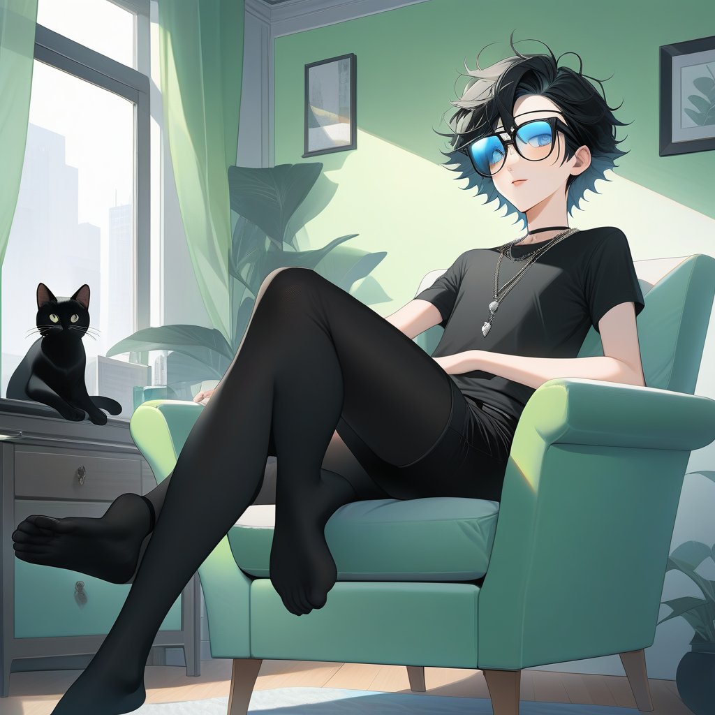 androgynous slim boy, necklace, wearing black pantys and high-thights socks, short black hair, pale skin, eyewear, sit with with her legs raised supported by her graceful arms and the tips of her feet up in a armchair, inside in a modern bedroom and fluffy black cat rest in window,

