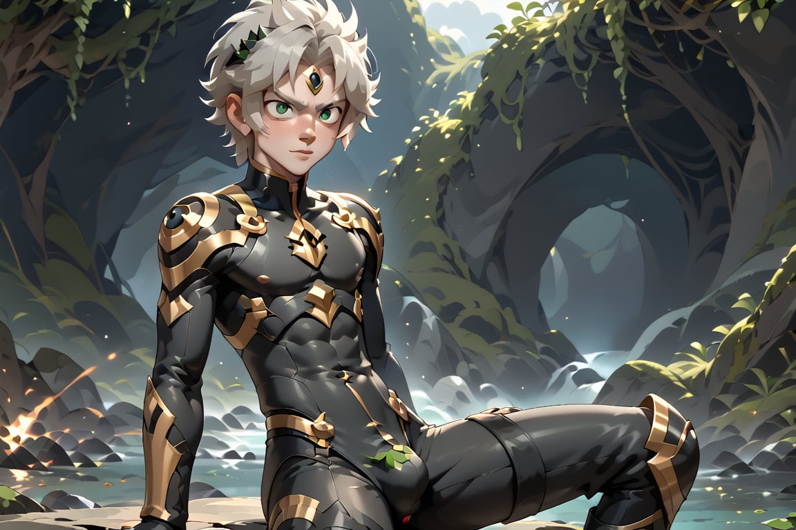 In a distant two-suns planet's alien valley, a young man with short grey hair and piercing green eyes, donning a rinoceros-shaped armor and black bodysuit, dashes forth. His androgynous features are accentuated by high cheekbones and a subtle jawline. He grasps black globes that hold a shotgun at the ready, his handsome face set in a determined expression. Mid-length hair blows back as he runs, revealing a glimpse of blonde locks beneath. Bulge-panted leather boots make him look both powerful and agile. Light lipstick adds a touch of sweetness to his pretty eyes, which seem to sparkle like the twin suns above.