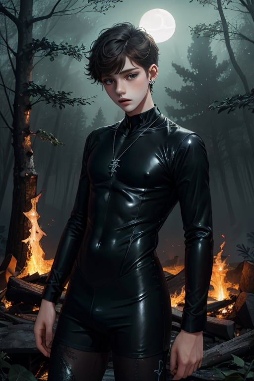 night, tight dress, metalic necklaces and ankle bracelets, dress, mannered cute boy soft and ghostly figure, pale androgynous soft body young boy dressed with tight bodysuit silk or lycra and shiny outfit mysticaly formed from burning ashes at night in forest, epic manga dark style, beautiful boy, handsome boy, slender boy, body soft boy, anime boy, manga boy, tight outfit boy. black silk, semi-transparent, translucid suit, hight tights, dark ambient, night epic