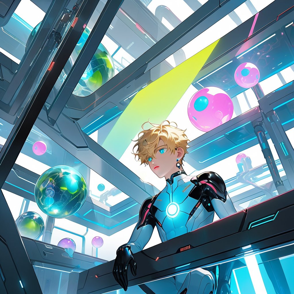 In Rebooting Life, a soft glow illuminates the futuristic laboratory setting, where vaulted white walls and a large pool of liquid converge to create a clinical atmosphere. An android boy, with piercing emerald eyes and delicate pink accents on his nose, lips, and knees, floats one meter above the floor, his mechanical form glowing softly blue as extensions emerge from his limbs, harmonizing with his synthetic body. In the background, a curious blond-haired human boy peeks out from behind an assembly module, captivated by the android's intricate composition.