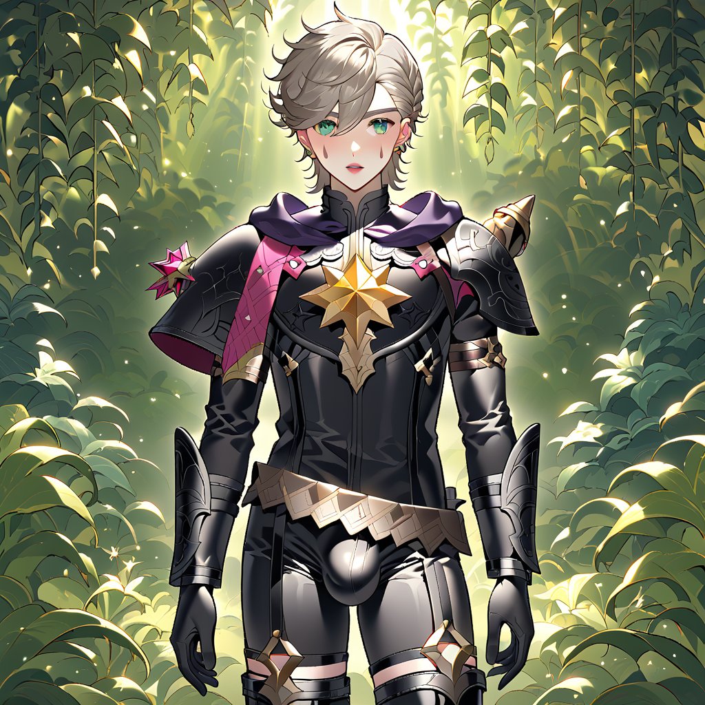 In a valley's warm twilight, two setting suns cast a golden glow on a distant planet. A young man with short grey hair and piercing green eyes dashes forth, clad in black bodysuit and rinoceros-shaped armor. His androgynous features stand out amidst mid-length blown-back hair, revealing blonde locks beneath. He grasps black globes containing a shotgun at the ready, his determined expression set against the backdrop of soft, high-angled lighting and the valley's lush landscape. Bulge-panted leather boots accentuate his powerful yet agile physique as he moves with purpose, his sparkling green eyes shining like the twin suns above, subtly enhanced by soft light lipstick.