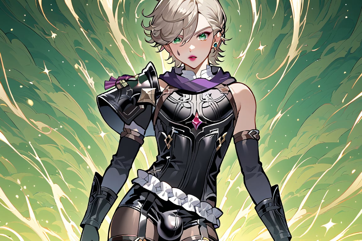 In a valley bathed in the warm glow of two setting suns on a distant planet, a young man with short grey hair and piercing green eyes, clad in a black bodysuit and rinoceros-shaped armor, dashes forth. His androgynous features are highlighted by high cheekbones and a subtle jawline as he grasps black globes containing a shotgun at the ready. The determined expression on his handsome face is set amidst mid-length hair blown back, revealing a glimpse of blonde locks beneath. Bulge-panted leather boots enhance his powerful yet agile appearance. Soft light lipstick adds a touch of sweetness to his sparkling green eyes, which seem to shine like the twin suns above.