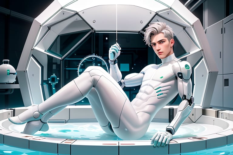 android boy, androgynous,  slightly expression,  emerald eyes, steel-grey hair color, discrete pink nose lips and knees, his body being assembled in a laboratory with white walls or domed shapes, the pieces of his mechanical and white-skinned body come out through mechanical arms from a pool of liquid under his body, epic style
