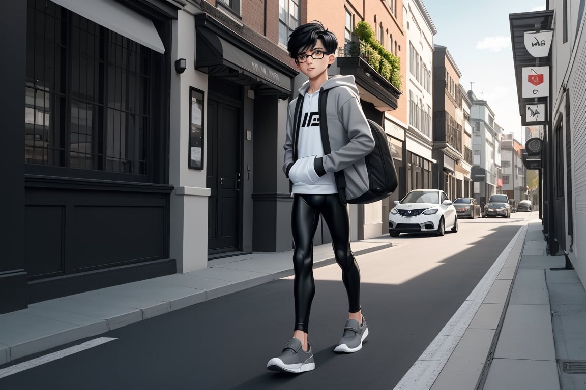 young androgynous boy in black thights lycra leggings and shirt dressed with open light grey hoodie and socks, pale skin, drop frame eyeglasses, hair cut is short youthful in layers for volume and long top strands towards the forehead, bicolor loafers, walking in a street with his laptop bag and a kia k3 red color car parked behind him,3d pixar style,