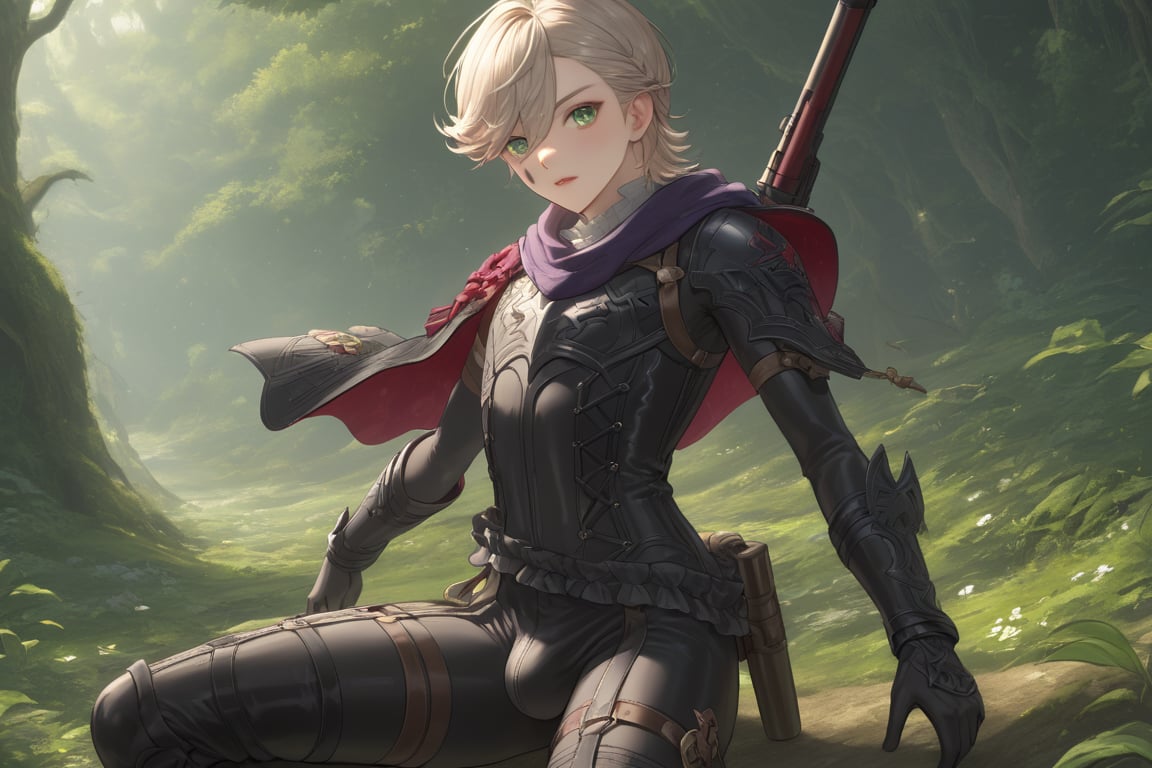 In a valley bathed in the warm glow of two setting suns on a distant planet, a young man with short grey hair and piercing green eyes, clad in a black bodysuit and rinoceros-shaped armor, dashes forth. His androgynous features are highlighted by high cheekbones and a subtle jawline as he grasps black globes containing a shotgun at the ready. The determined expression on his handsome face is set amidst mid-length hair blown back, revealing a glimpse of blonde locks beneath. Bulge-panted leather boots enhance his powerful yet agile appearance. Soft light lipstick adds a touch of sweetness to his sparkling green eyes, which seem to shine like the twin suns above.