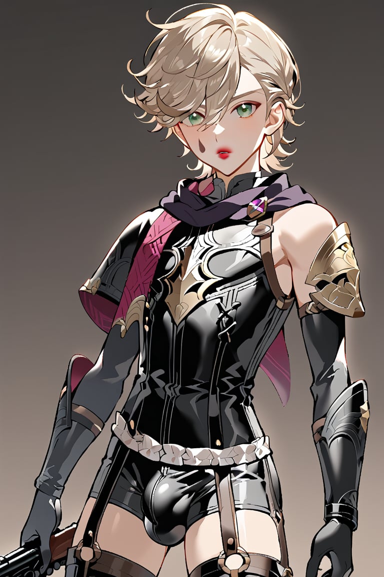 In a valley bathed in the warm glow of two setting suns on a distant planet, a young man with short grey hair and piercing green eyes, clad in a black bodysuit and rinoceros-shaped armor, dashes forth. His androgynous features are highlighted by high cheekbones and a subtle jawline as he grasps black globes containing a shotgun at the ready. The determined expression on his handsome face is set amidst mid-length hair blown back, revealing a glimpse of blonde locks beneath. Bulge-panted leather boots enhance his powerful yet agile appearance. Soft light lipstick adds a touch of sweetness to his sparkling green eyes, which seem to shine like the twin suns above.