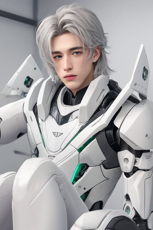 young android boy, androgynous, slightly surprice expression, emerald eyes, steel-grey hair color, discrete pink nose lips and knees, his body being assembled in a laboratory with white walls or domed shapes, the pieces of his mechanical and white-skinned organic body come out through mechanical arms from a pool of liquid under his body, epic style,Sci Fi,(MkmCut),cute blond boy