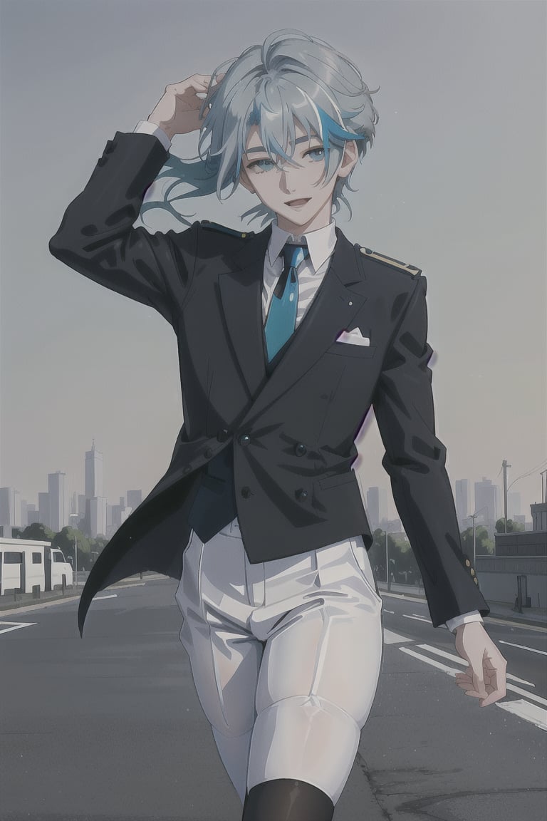 A shot framed to capture the joyous stride of an 18-year-old androgynous boy. cyan hair with white streak, His pale skin glistens in the soft afternoon light, as short steel gray hair frames his heartwarming smile. A crisp white shirt with a bold blue tie adds a touch of elegance, while black silk thigh-highs add a sense of edgy sophistication. The subject walks confidently down the middle of the street, surrounded by the hum of city life, yet lost in their own thoughts of happiness and freedom.,otoko_no_ko, pantyhose