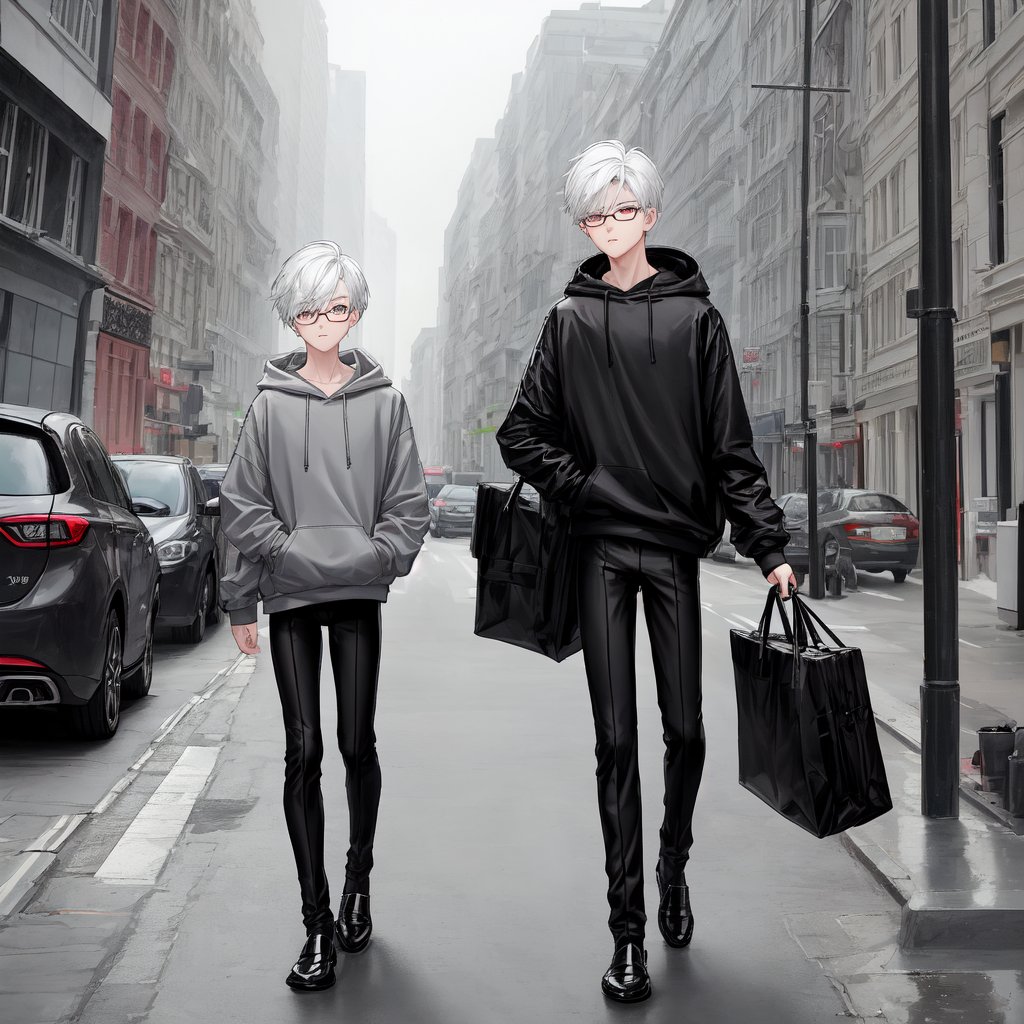 young androgynous boy in black lycra leggings and shirt dressed with open light grey hoodie and socks, pale skin, drop frame eyeglasses, hair cut is short youthful in layers for volume and long top strands towards the forehead, bicolor loafers, walking in a street with his laptop bag and a kia k3 red color car parked behind him,3d pixar style,