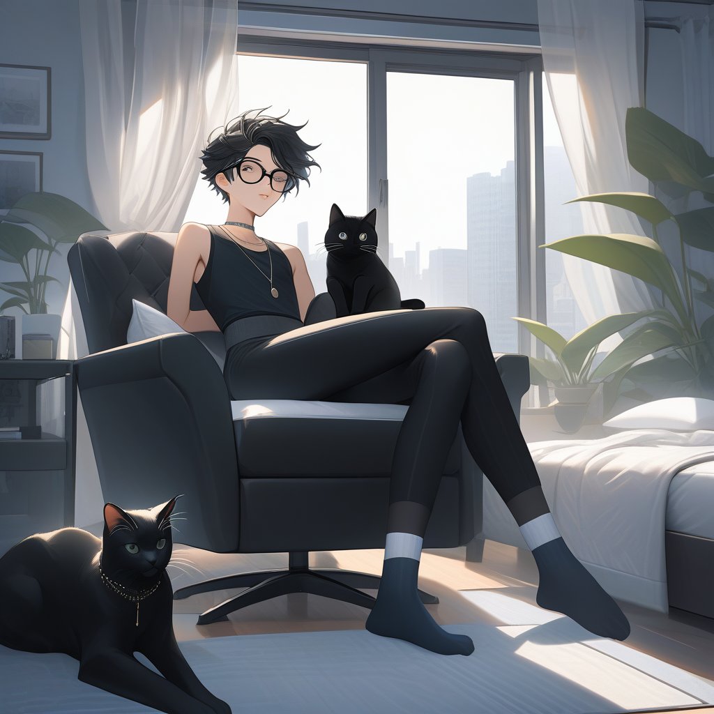 androgynous slim boy, necklace, wearing black pantys and high-thights socks, short black hair, pale skin, eyewear, sit with with her legs raised supported by her graceful arms and the tips of her feet up in a armchair, inside in a modern bedroom and fluffy black cat rest in window,

