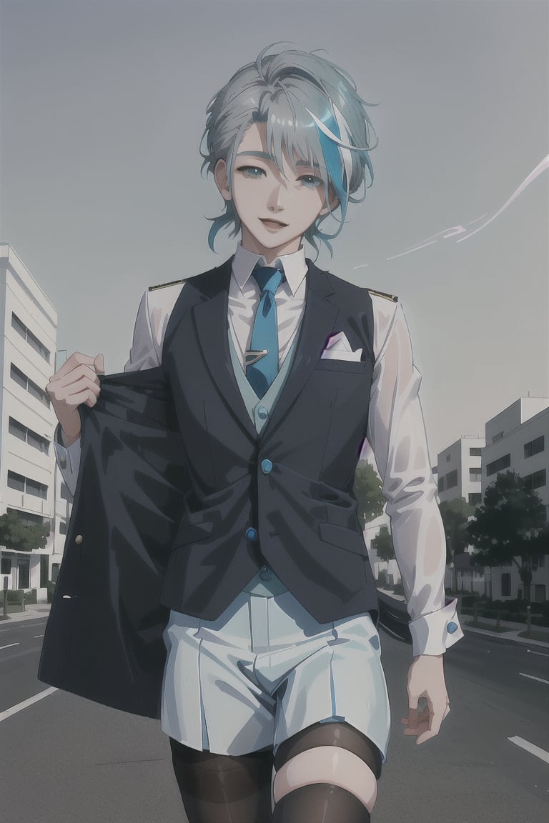 A shot framed to capture the joyous stride of an 18-year-old androgynous boy. cyan hair with white streak, His pale skin glistens in the soft afternoon light, as short steel gray hair frames his heartwarming smile. A crisp white shirt with a bold blue tie adds a touch of elegance, while black silk thigh-highs add a sense of edgy sophistication. The subject walks confidently down the middle of the street, surrounded by the hum of city life, yet lost in their own thoughts of happiness and freedom.,otoko_no_ko, pantyhose