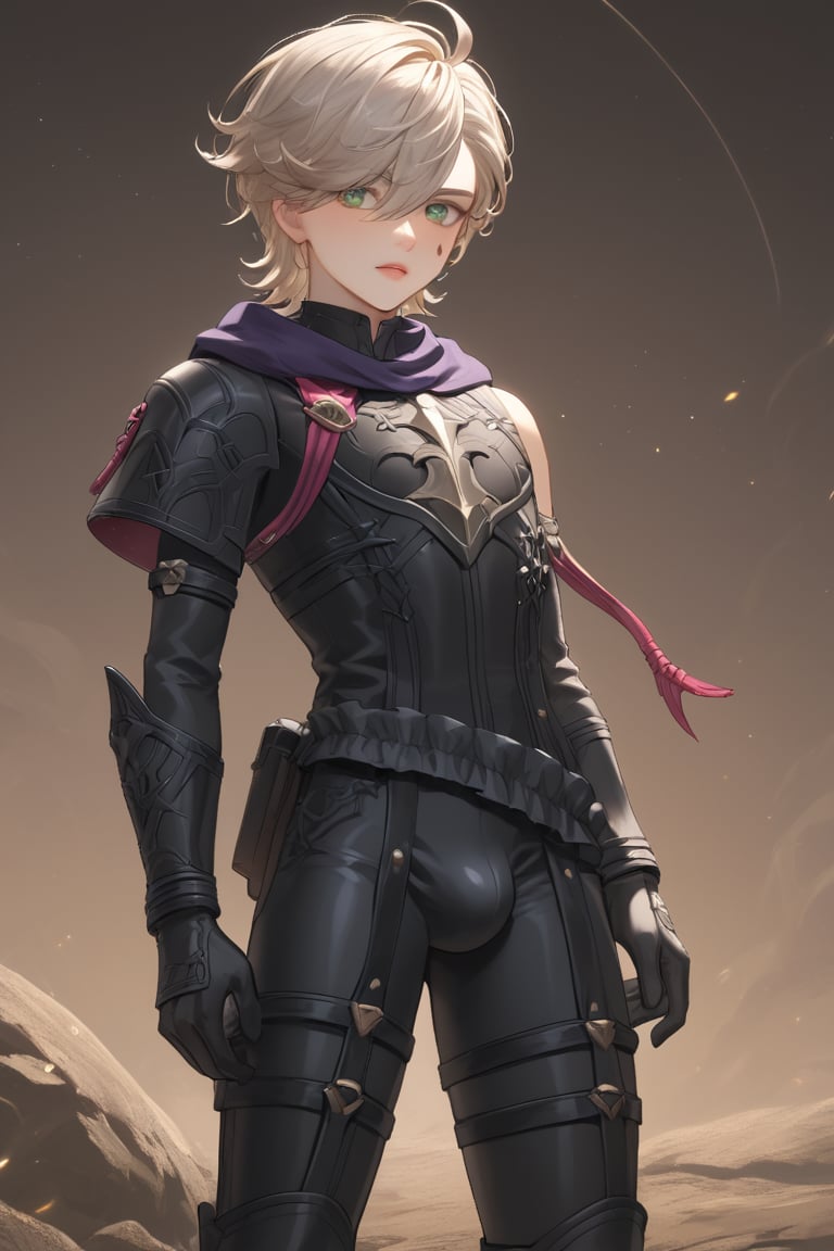 In a valley bathed in the warm glow of two setting suns on a distant planet, a young man with short grey hair and piercing green eyes, clad in a black bodysuit and rinoceros-shaped armor, dashes forth. His androgynous features are highlighted by high cheekbones and a subtle jawline as he grasps black globes containing a shotgun at the ready. The determined expression on his handsome face is set amidst mid-length hair blown back, revealing a glimpse of blonde locks beneath. Bulge-panted leather boots enhance his powerful yet agile appearance. Soft light lipstick adds a touch of sweetness to his sparkling green eyes, which seem to shine like the twin suns above.