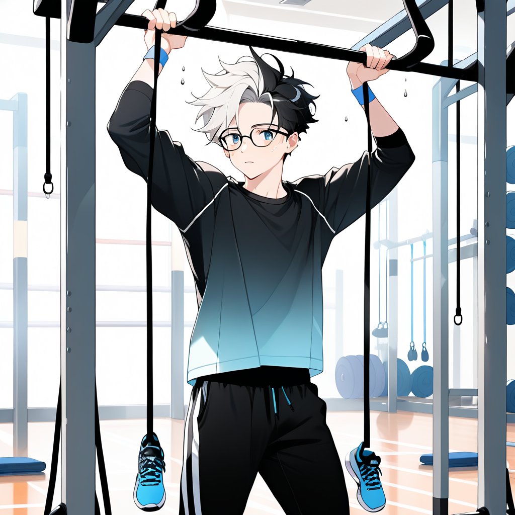 young androgynous boy in black lycra leggings and shirt dressed with  socks, pale skin, drop frame eyeglasses, hair cut is short youthful in layers for volume and long top strands towards the forehead, bicolor sneakers, sweating doing  pull-ups in a gym in the afternoon.