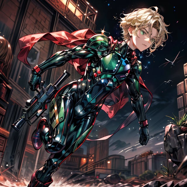 In a distant two-suns planet's alien valley, a young man with short grey hair and piercing green eyes, donning a rinoceros-shaped armor and black bodysuit, dashes forth. His androgynous features are accentuated by high cheekbones and a subtle jawline. He grasps black globes that hold a shotgun at the ready, his handsome face set in a determined expression. Mid-length hair blows back as he runs, revealing a glimpse of blonde locks beneath. Bulge-panted leather boots make him look both powerful and agile. Light lipstick adds a touch of sweetness to his pretty eyes, which seem to sparkle like the twin suns above.