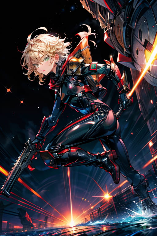 In a distant two-suns planet's alien valley, a young man with short grey hair and piercing green eyes, donning a rinoceros-shaped armor and black bodysuit, dashes forth. His androgynous features are accentuated by high cheekbones and a subtle jawline. He grasps black globes that hold a shotgun at the ready, his handsome face set in a determined expression. Mid-length hair blows back as he runs, revealing a glimpse of blonde locks beneath. Bulge-panted leather boots make him look both powerful and agile. Light lipstick adds a touch of sweetness to his pretty eyes, which seem to sparkle like the twin suns above.