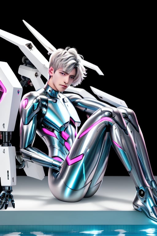 young android boy, androgynous, slightly surprice expression, emerald eyes, steel-grey hair color, discrete pink nose lips and knees, his body being assembled in a laboratory with white walls or domed shapes, the pieces of his mechanical and white-skinned organic body come out through mechanical arms from a pool of liquid under his body, epic style,Sci Fi,(MkmCut),cute blond boy,Mecha body,metallic latex, tights