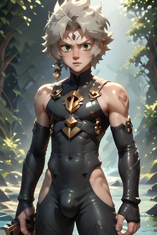 In a distant two-suns planet's alien valley, a young man with short grey hair and piercing green eyes, donning a rinoceros-shaped armor and black bodysuit, dashes forth. His androgynous features are accentuated by high cheekbones and a subtle jawline. He grasps black globes that hold a shotgun at the ready, his handsome face set in a determined expression. Mid-length hair blows back as he runs, revealing a glimpse of blonde locks beneath. Bulge-panted leather boots make him look both powerful and agile. Light lipstick adds a touch of sweetness to his pretty eyes, which seem to sparkle like the twin suns above.