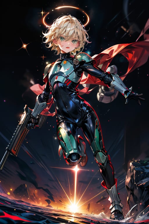 In a distant two-suns planet's alien valley, a young man with short grey hair and piercing green eyes, donning a rinoceros-shaped armor and black bodysuit, dashes forth. His androgynous features are accentuated by high cheekbones and a subtle jawline. He grasps black globes that hold a shotgun at the ready, his handsome face set in a determined expression. Mid-length hair blows back as he runs, revealing a glimpse of blonde locks beneath. Bulge-panted leather boots make him look both powerful and agile. Light lipstick adds a touch of sweetness to his pretty eyes, which seem to sparkle like the twin suns above.