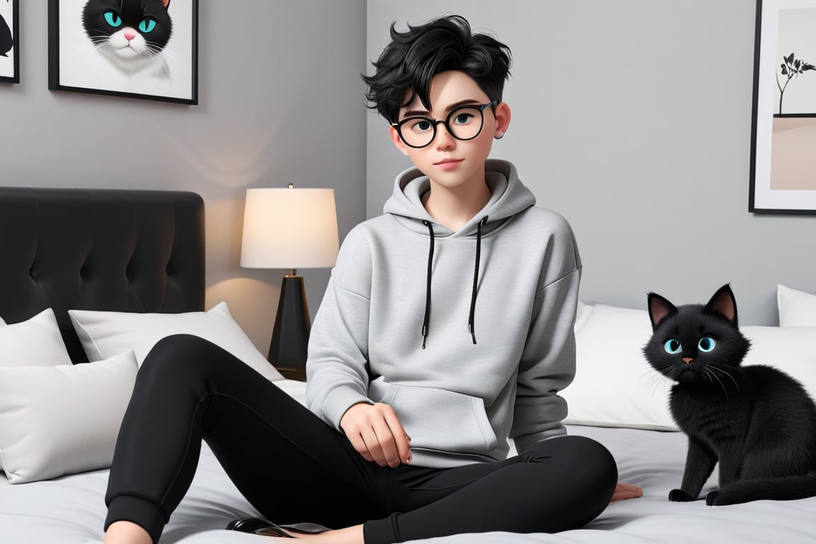 androgynous, young boy, with pale skin, Round eyeglasses, discreet masculine earrings, short hair color black, wearing a light gray hoodie and black lycra leggings, Loafers, 3d animated style, with his black furry cat They both rest comfortably on the bed in the modern-looking and decorated bedroom before work in the laptop,