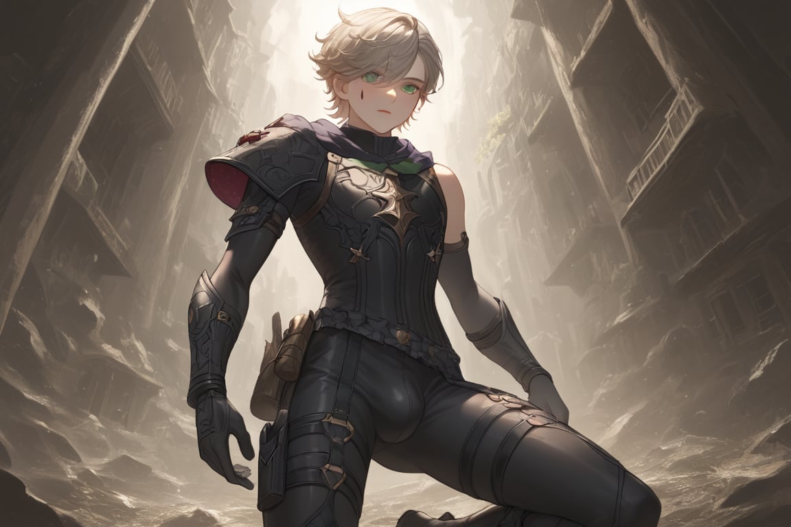 In a valley bathed in the warm glow of two setting suns on a distant planet, a young man with short grey hair and piercing green eyes, clad in a black bodysuit and rinoceros-shaped armor, dashes forth. His androgynous features are highlighted by high cheekbones and a subtle jawline as he grasps black globes containing a shotgun at the ready. The determined expression on his handsome face is set amidst mid-length hair blown back, revealing a glimpse of blonde locks beneath. Bulge-panted leather boots enhance his powerful yet agile appearance. Soft light lipstick adds a touch of sweetness to his sparkling green eyes, which seem to shine like the twin suns above.