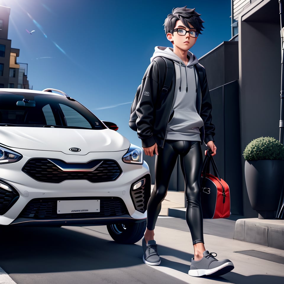 young androgynous boy in black thights lycra leggings and shirt dressed with open light grey hoodie and socks, pale skin, drop frame eyeglasses, hair cut is short youthful in layers for volume and long top strands towards the forehead, bicolor loafers, walking in a street with his laptop bag and a kia k3 red color car parked behind him,3d pixar style,Car,penis penetration,1Car