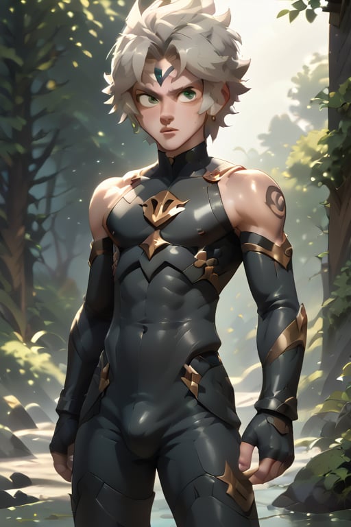 In a distant two-suns planet's alien valley, a young man with short grey hair and piercing green eyes, donning a rinoceros-shaped armor and black bodysuit, dashes forth. His androgynous features are accentuated by high cheekbones and a subtle jawline. He grasps black globes that hold a shotgun at the ready, his handsome face set in a determined expression. Mid-length hair blows back as he runs, revealing a glimpse of blonde locks beneath. Bulge-panted leather boots make him look both powerful and agile. Light lipstick adds a touch of sweetness to his pretty eyes, which seem to sparkle like the twin suns above.